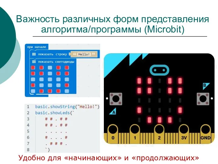 Важность различных форм представления алгоритма/программы (Microbit) Удобно для «начинающих» и «продолжающих»