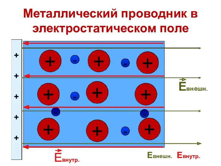 Металлический проводник в электростатическом поле Евнешн. Евнутр. Евнешн.= Евнутр.