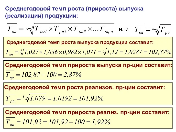 Среднегодовой темп роста (прироста) выпуска (реализации) продукции: или Среднегодовой темп