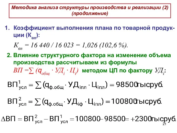 Коэффициент выполнения плана по товарной продук- ции (Квп): Квп =