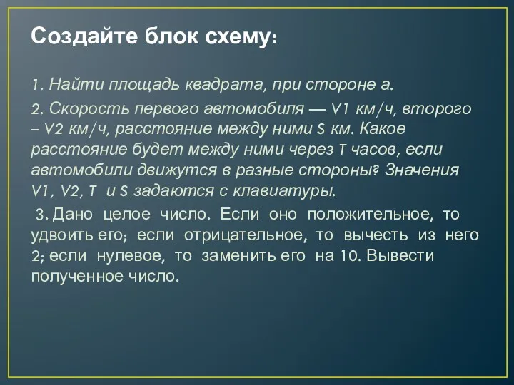 Создайте блок схему: 1. Найти площадь квадрата, при стороне а.