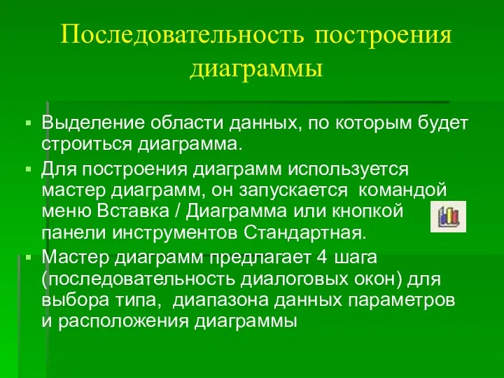 Последовательность построения диаграммы Выделение области данных, по которым будет строиться