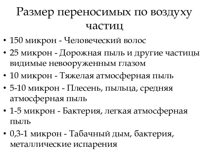 Размер переносимых по воздуху частиц 150 микрон - Человеческий волос 25 микрон -