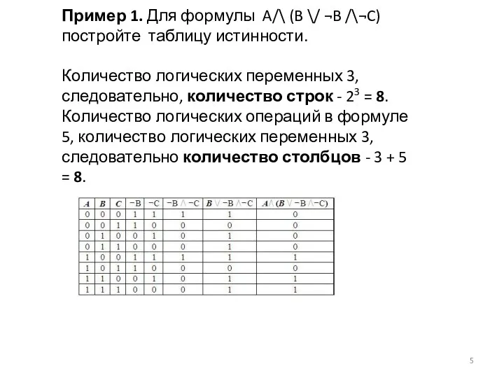 Пример 1. Для формулы A/\ (B \/ ¬B /\¬C) постройте