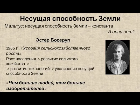 Несущая способность Земли Эстер Босеруп 1965 г.: «Условия сельскохозяйственного роста»