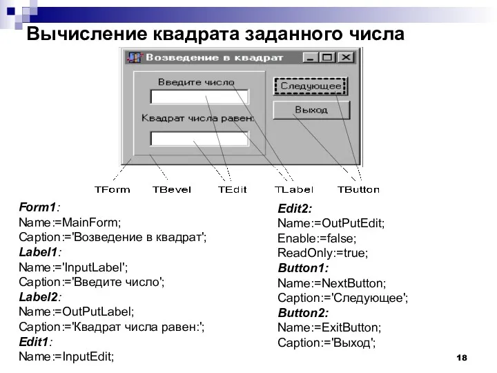 Вычисление квадрата заданного числа Form1: Name:=MainForm; Caption:='Возведение в квадрат'; Label1: