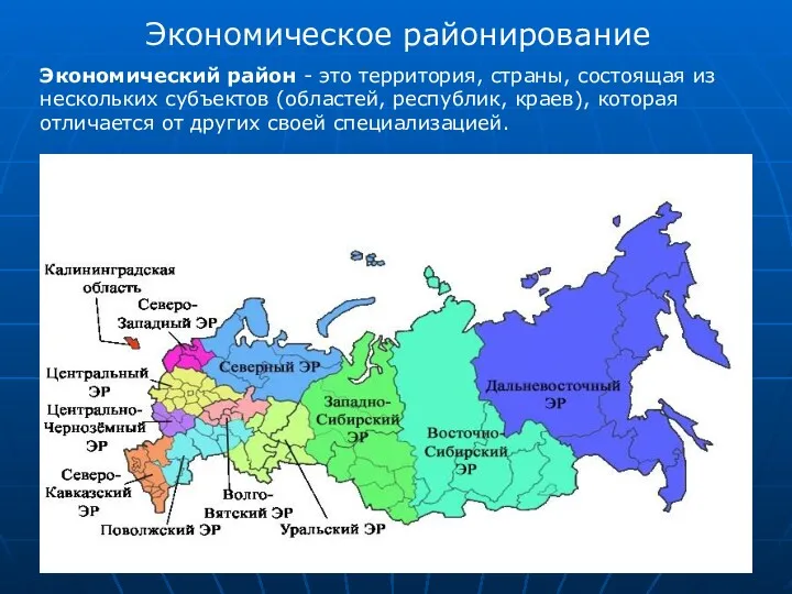 Экономическое районирование Экономический район - это территория, страны, состоящая из