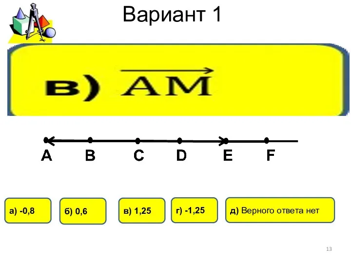 Вариант 1 а) -0,8 г) -1,25 б) 0,6 в) 1,25 д) Верного ответа нет
