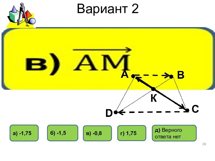 Вариант 2 а) -1,75 в) -0,8 б) -1,5 г) 1,75 д) Верного ответа нет