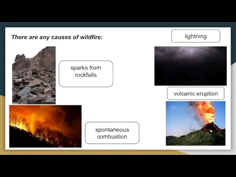 There are any causes of wildfire: lightning volcanic eruption spontaneous combustion sparks from rockfalls