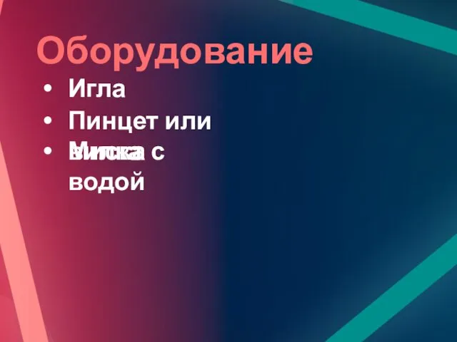 Оборудование Игла Пинцет или вилка Миска с водой