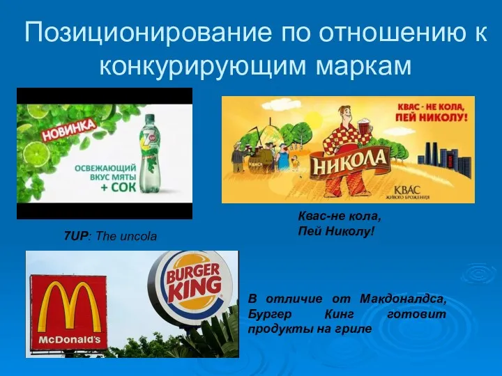 Позиционирование по отношению к конкурирующим маркам 7UP: The uncola Квас-не