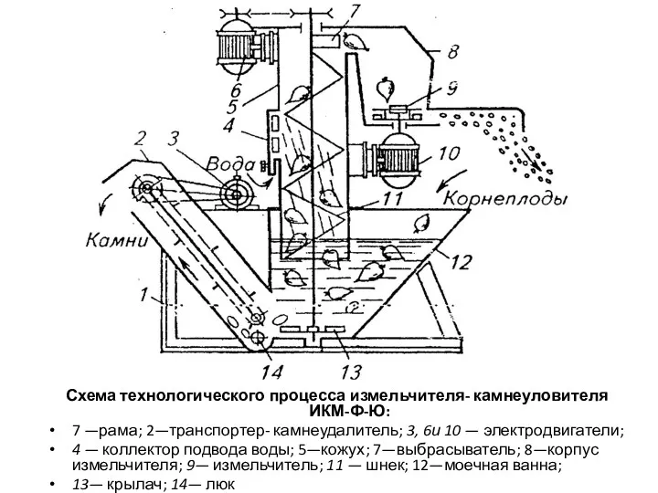 Схема технологического процесса измельчителя- камнеуловителя ИКМ-Ф-Ю: 7 —рама; 2—транспортер- камнеудалитель;