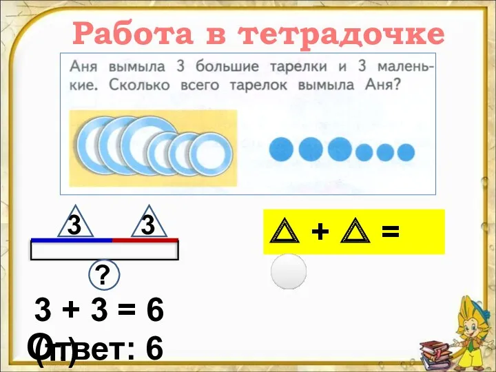 Работа в тетрадочке 3 + 3 = 6 (т.) Ответ: