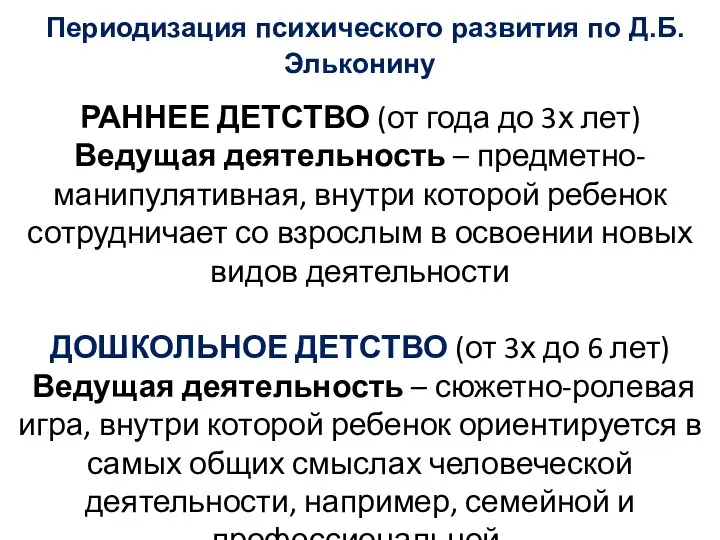 Периодизация психического развития по Д.Б. Эльконину РАННЕЕ ДЕТСТВО (от года