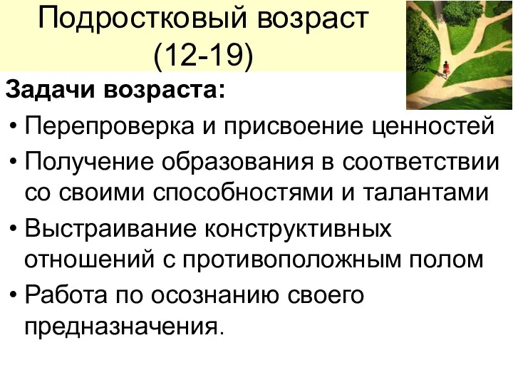 Подростковый возраст (12-19) Задачи возраста: Перепроверка и присвоение ценностей Получение