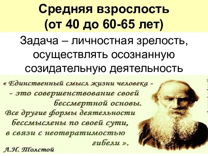 Средняя взрослость (от 40 до 60-65 лет) Задача – личностная зрелость, осуществлять осознанную созидательную деятельность