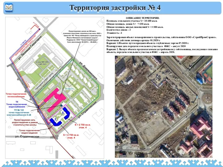 Территория застройки № 4 ОПИСАНИЕ ТЕРРИТОРИИ: Площадь земельного участка S = 10 400