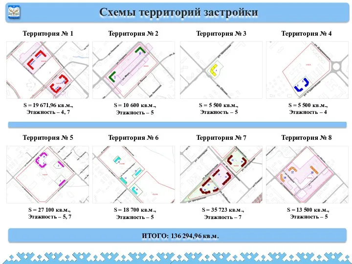 Схемы территорий застройки ИТОГО: 136 294,96 кв.м. Территория № 2 Территория № 8