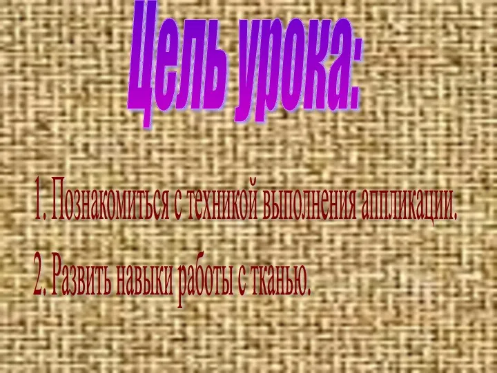 Цель урока: 1. Познакомиться с техникой выполнения аппликации. 2. Развить навыки работы с тканью.