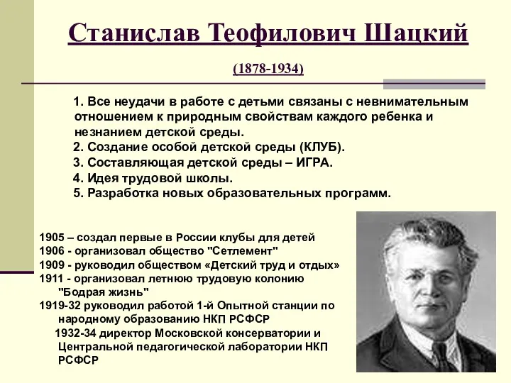 Станислав Теофилович Шацкий (1878-1934) 1. Все неудачи в работе с