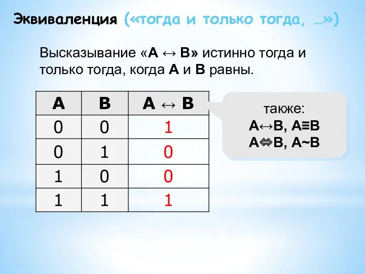 Эквиваленция («тогда и только тогда, …») Высказывание «A ↔ B»