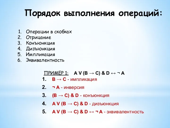 Порядок выполнения операций: Операции в скобках Отрицание Конъюнкция Дизъюнкция Импликация