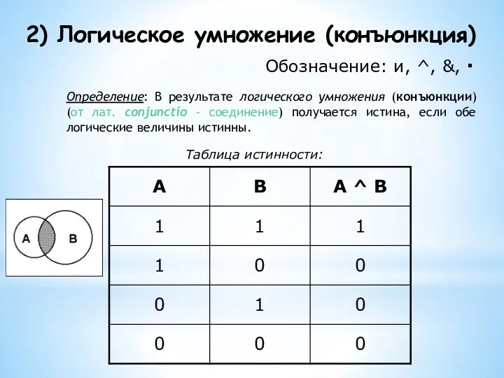 2) Логическое умножение (конъюнкция) Обозначение: и, ^, &, ∙ Определение: