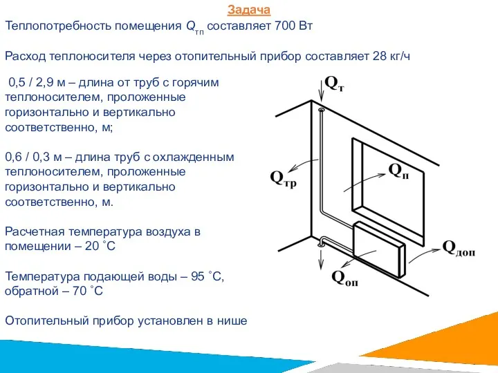 Задача Теплопотребность помещения Qтп составляет 700 Вт Расход теплоносителя через