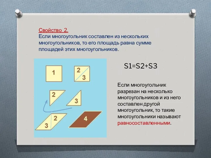 Свойство 2. Если многоугольник составлен из нескольких многоугольников, то его