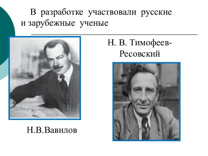 В разработке участвовали русские и зарубежные ученые Н.В.Вавилов Н. В. Тимофеев- Ресовский