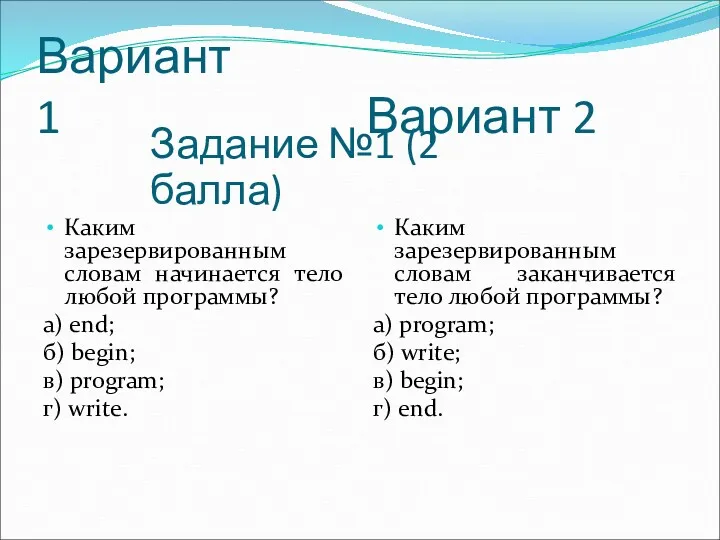 Вариант 1 Каким зарезервированным словам начинается тело любой программы? а)