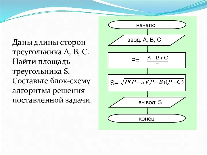 Даны длины сторон треугольника A, B, C. Найти площадь треугольника