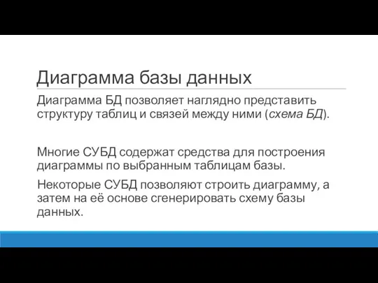 Диаграмма базы данных Диаграмма БД позволяет наглядно представить структуру таблиц