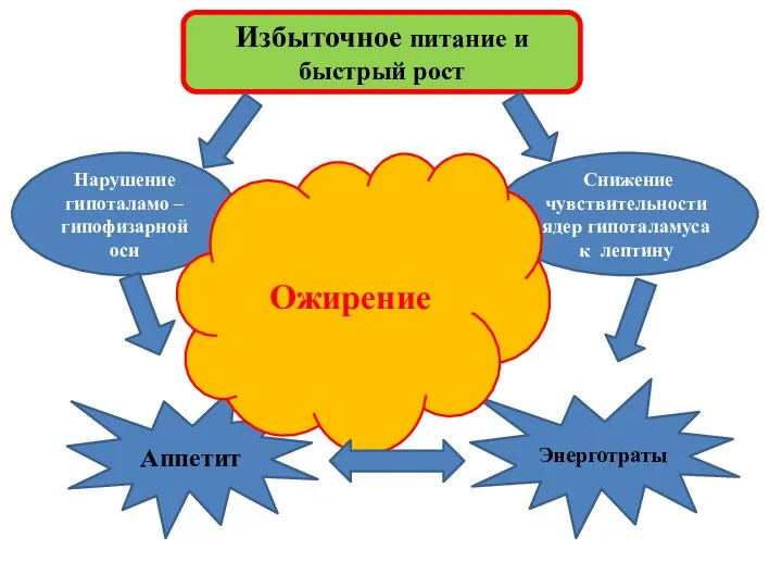 Избыточное питание и быстрый рост Нарушение гипоталамо –гипофизарной оси Снижение