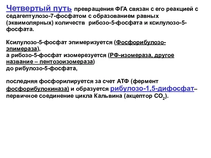 Четвертый путь превращения ФГА связан с его реакцией с седагептулозо-7-фосфатом