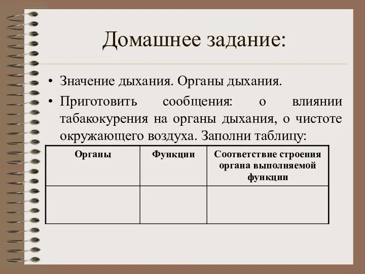 Домашнее задание: Значение дыхания. Органы дыхания. Приготовить сообщения: о влиянии