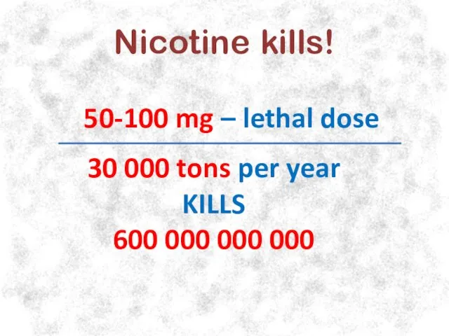 Nicotine kills! 50-100 mg – lethal dose 30 000 tons per year KILLS
