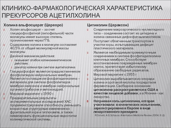 КЛИНИКО-ФАРМАКОЛОГИЧЕСКАЯ ХАРАКТЕРИСТИКА ПРЕКУРСОРОВ АЦЕТИЛХОЛИНА Холина альфосцерат (Церепро) Холин альфосцерат – за счет глицерофосфатной