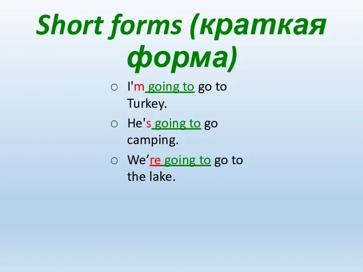 Short forms (краткая форма) I'm going to go to Turkey.