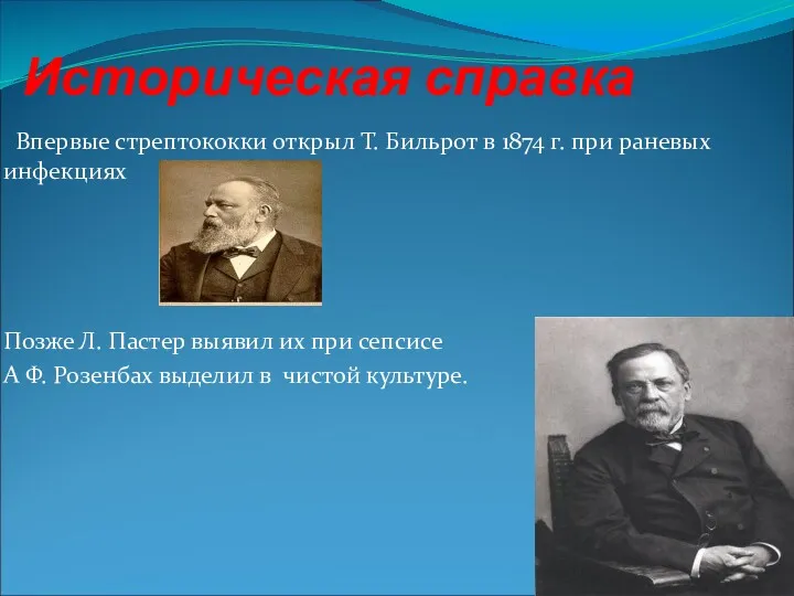 Историческая справка Впервые стрептококки открыл Т. Бильрот в 1874 г.