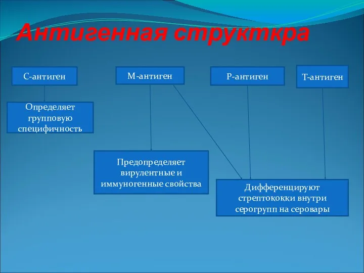 Антигенная структкра С-антиген М-антиген Т-антиген Р-антиген Определяет групповую специфичность Предопределяет