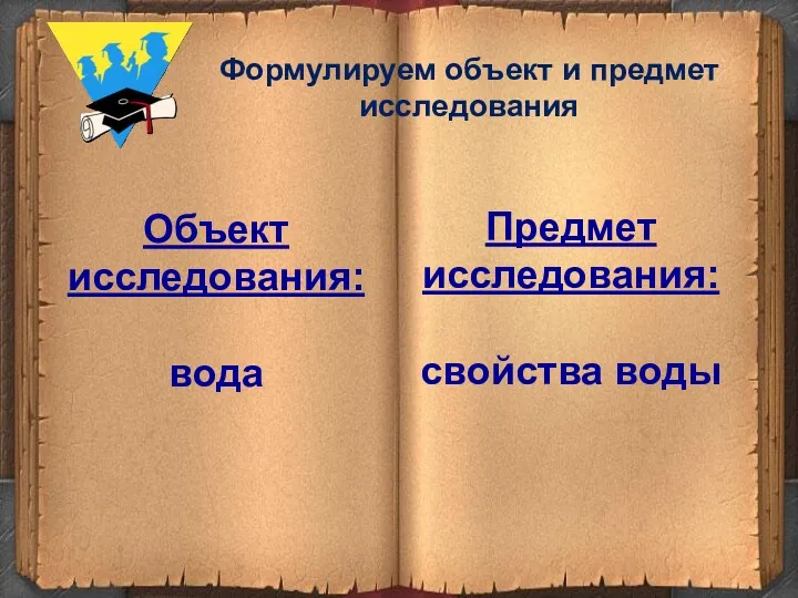 Формулируем объект и предмет исследования Объект исследования: вода Предмет исследования: свойства воды