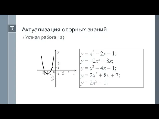 Актуализация опорных знаний Устная работа : а) у = х2