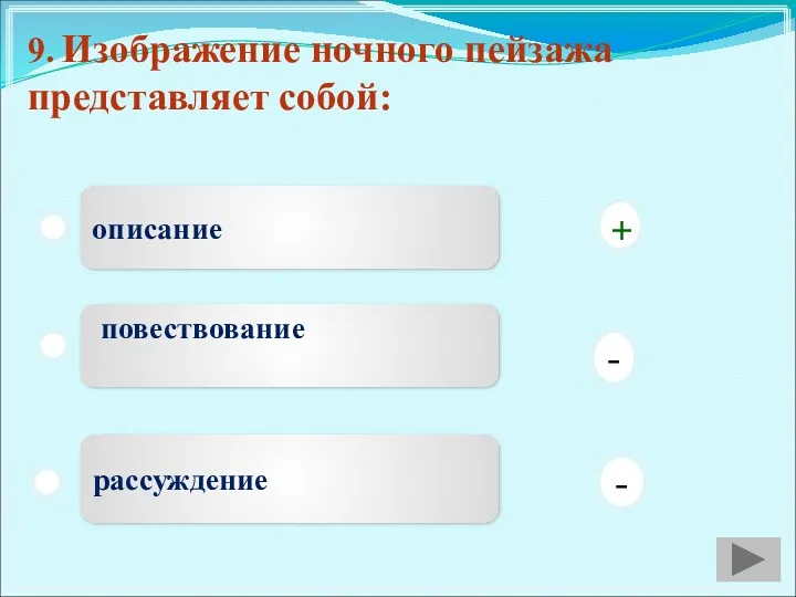 9. Изображение ночного пейзажа представляет собой: описание повествование рассуждение - + -