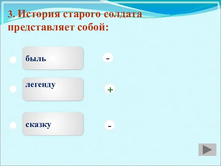 3. История старого солдата представляет собой: быль легенду сказку - - +