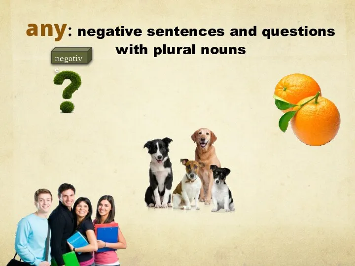 any: negative sentences and questions with plural nouns there aren’t