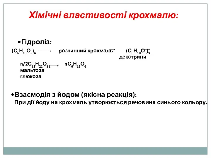Хімічні властивості крохмалю: Гідроліз: (С6Н10О5)n розчинний крохмаль (С6Н10О5)х декстрини n/2С12Н22О11 nС6Н12О6 мальтоза глюкоза