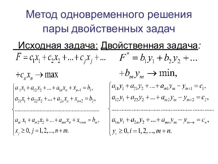 Метод одновременного решения пары двойственных задач Исходная задача: Двойственная задача: