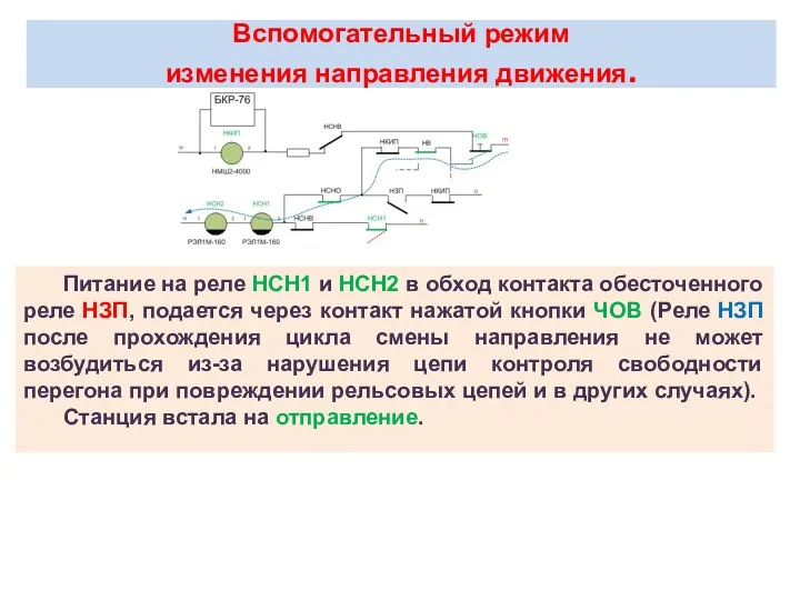 Вспомогательный режим изменения направления движения. Питание на реле НСН1 и